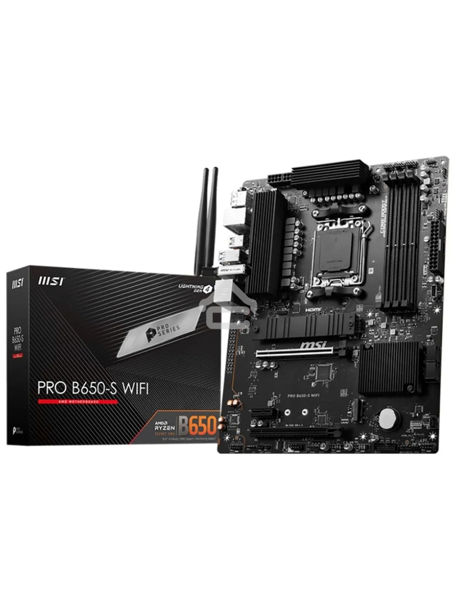 Материнская плата MSI PRO B650-S WIFI, AM5, AMD B650, 4xDDR5, 4xSATA, 2xM.2, 1xPCI-E 4.0 x16, 1xPCI-E 4.0 x4, 1xHDMI, 1xDP, 1x2.5Gb LAN, 3xUSB 3.2 Gen 1, 3xUSB 3.2 Gen 2, 6x3.5 мм, 7.1, Standard-ATX