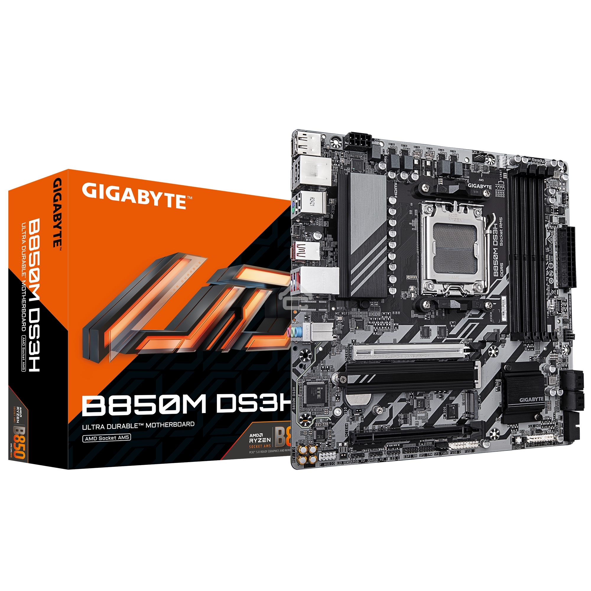 Материнская плата Gigabyte B850M DS3H, AM5, AMD B850, 4xDDR5, 4xSATA, 2xM.2, 1xPCIe 5.0 x16, 1xPCIe 3.0 x4, 1xHDMI, 2xDP, 1x 2.5Gb LAN, 3xUSB-A 3.2 Gen 1, 1xUSB-A 3.2 Gen 2, 4xUSB-A 2.0, 1xUSB-C 3.2 Gen 2, 3x3.5 мм, 7.1, mATX