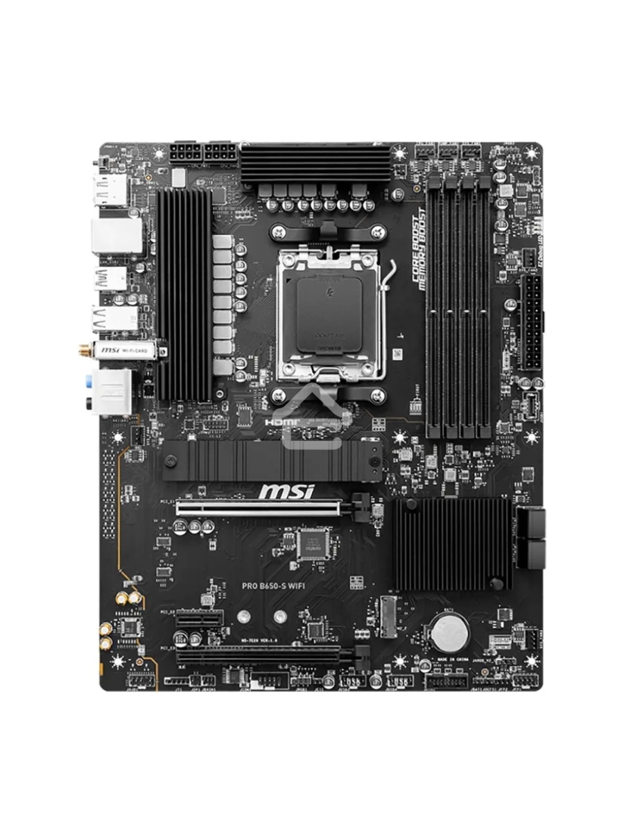 Материнская плата MSI PRO B650-S WIFI, AM5, AMD B650, 4xDDR5, 4xSATA, 2xM.2, 1xPCI-E 4.0 x16, 1xPCI-E 4.0 x4, 1xHDMI, 1xDP, 1x2.5Gb LAN, 3xUSB 3.2 Gen 1, 3xUSB 3.2 Gen 2, 6x3.5 мм, 7.1, Standard-ATX