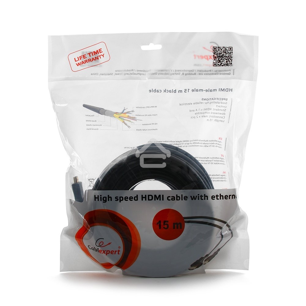 Кабель Cablexpert HDMI CC-HDMI4-15M, 19M/19M, v2.0, медь, позол.разъемы, экран, 15м, черный, пакет