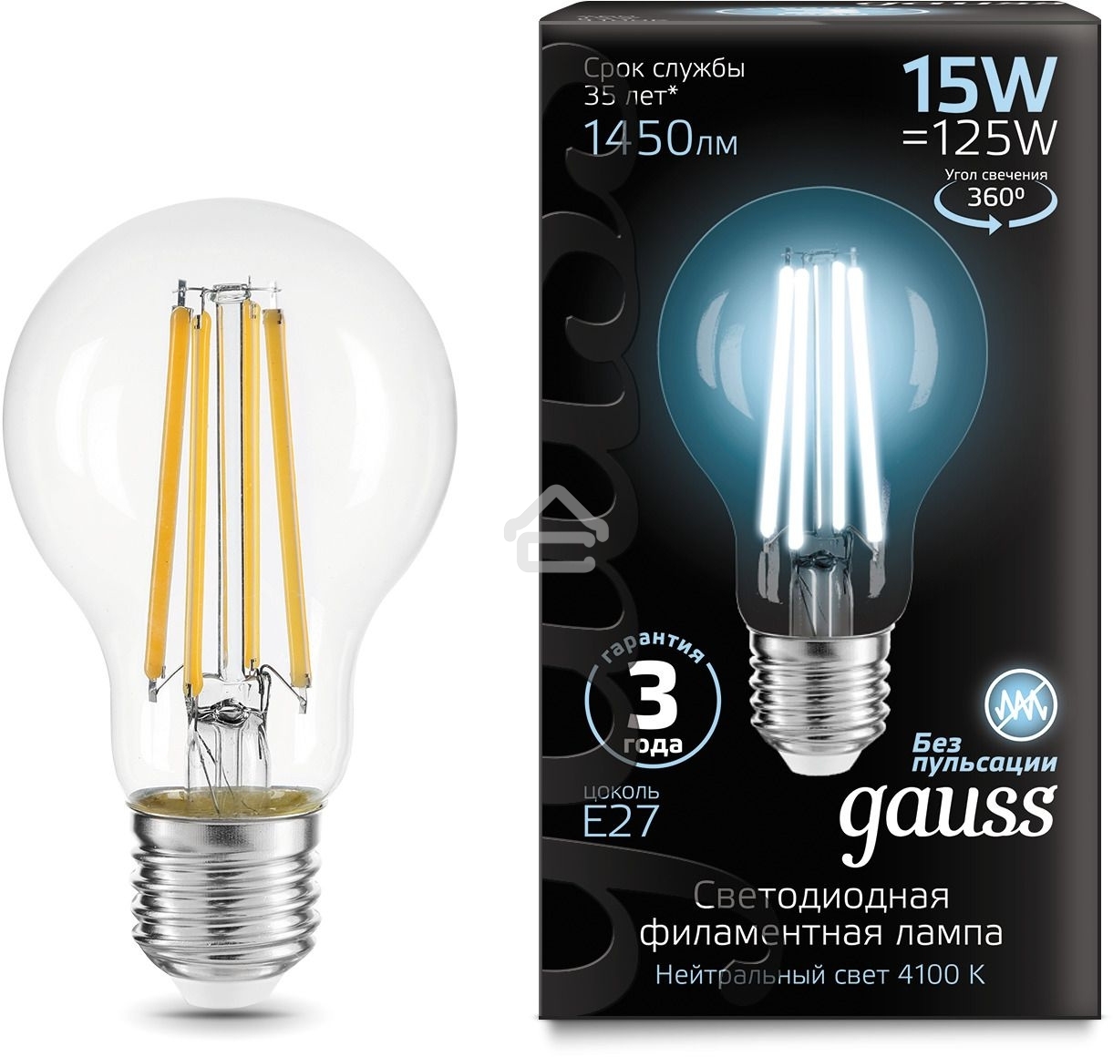 Лампа cветодиодная Gauss Filament А60 15W 1450lm 4100К Е27 LED 1/10/40