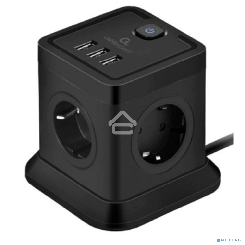 Сетевой фильтр Cablexpert Tower TWR-4-U3-B-2, 4 р, 10А, 3xUSB, 3.1А, 2 м, ур.защиты 2+, черный, коробка
