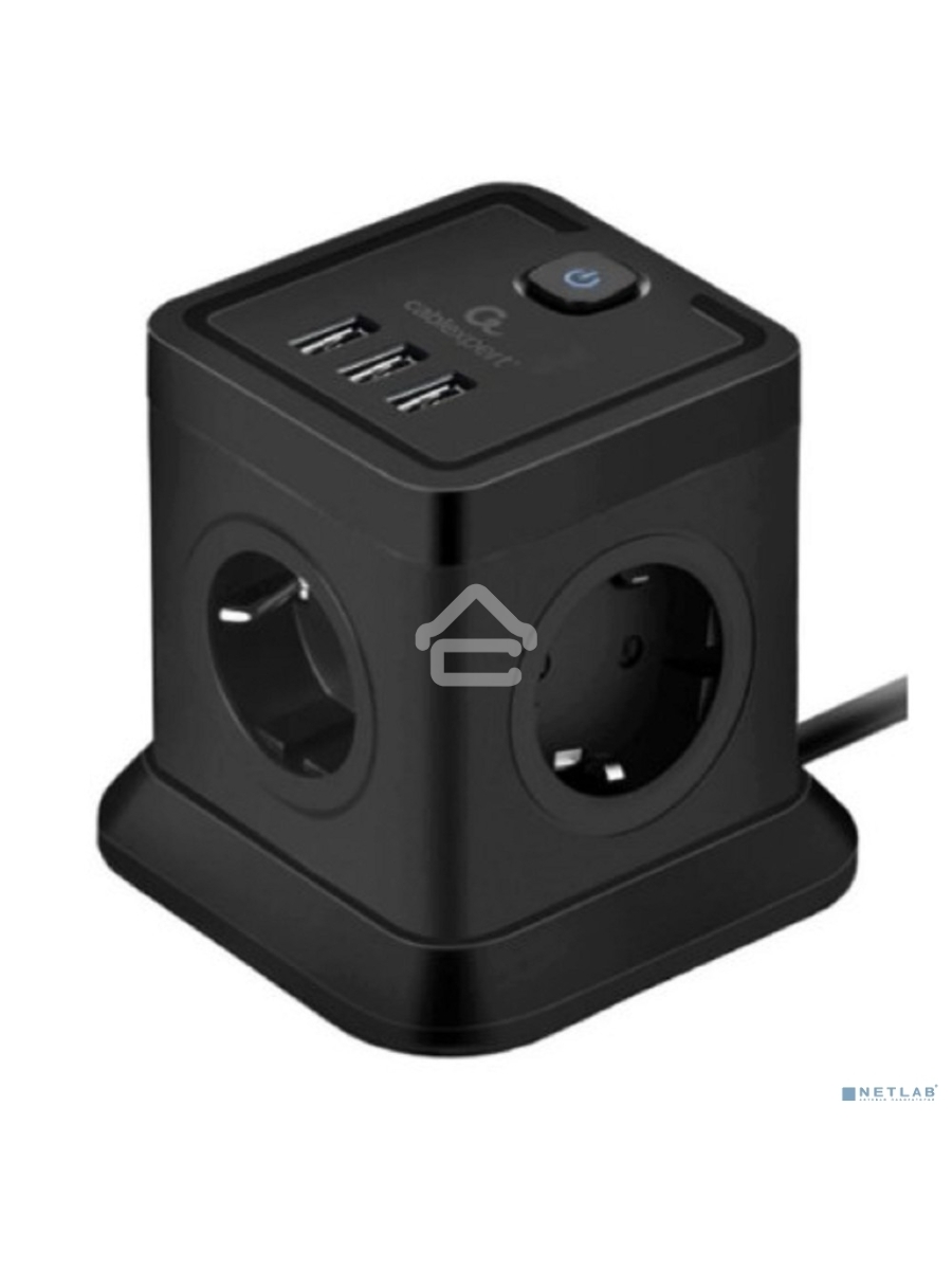 Сетевой фильтр Cablexpert Tower TWR-4-U3-B-2, 4р, 10А, 3xUSB, 3.1А, 2м, ур.защиты 2+, черный, коробка