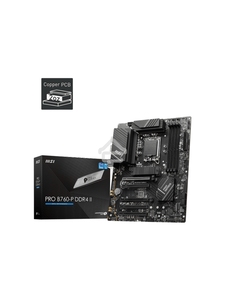 Материнская плата MSI PRO B760-P DDR4 II, LGA 1700, Intel B760, 4xDDR4, 4xSATA, 2xM.2, 1xPCIe 4.0 x16, 1xPCIe 4.0 x4, 3xPCIe 3.0 x1, 1xHDMI, 1xDP, 1x 2.5Gb LAN, 2xUSB-A 2.0, 2xUSB-A 3.2 Gen 1, 1xUSB-C 3.2 Gen 2, 5x3.5 мм, 7.1, ATX