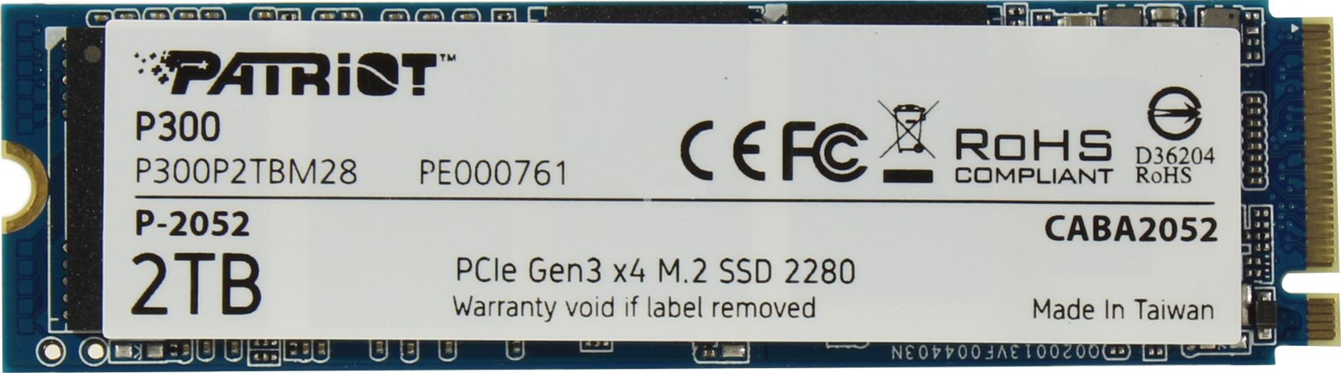Накопитель SSD Patriot P300, 2TB, PCIe 3.0 x4, M.2 2280, NVMe, R/W 2100/1650