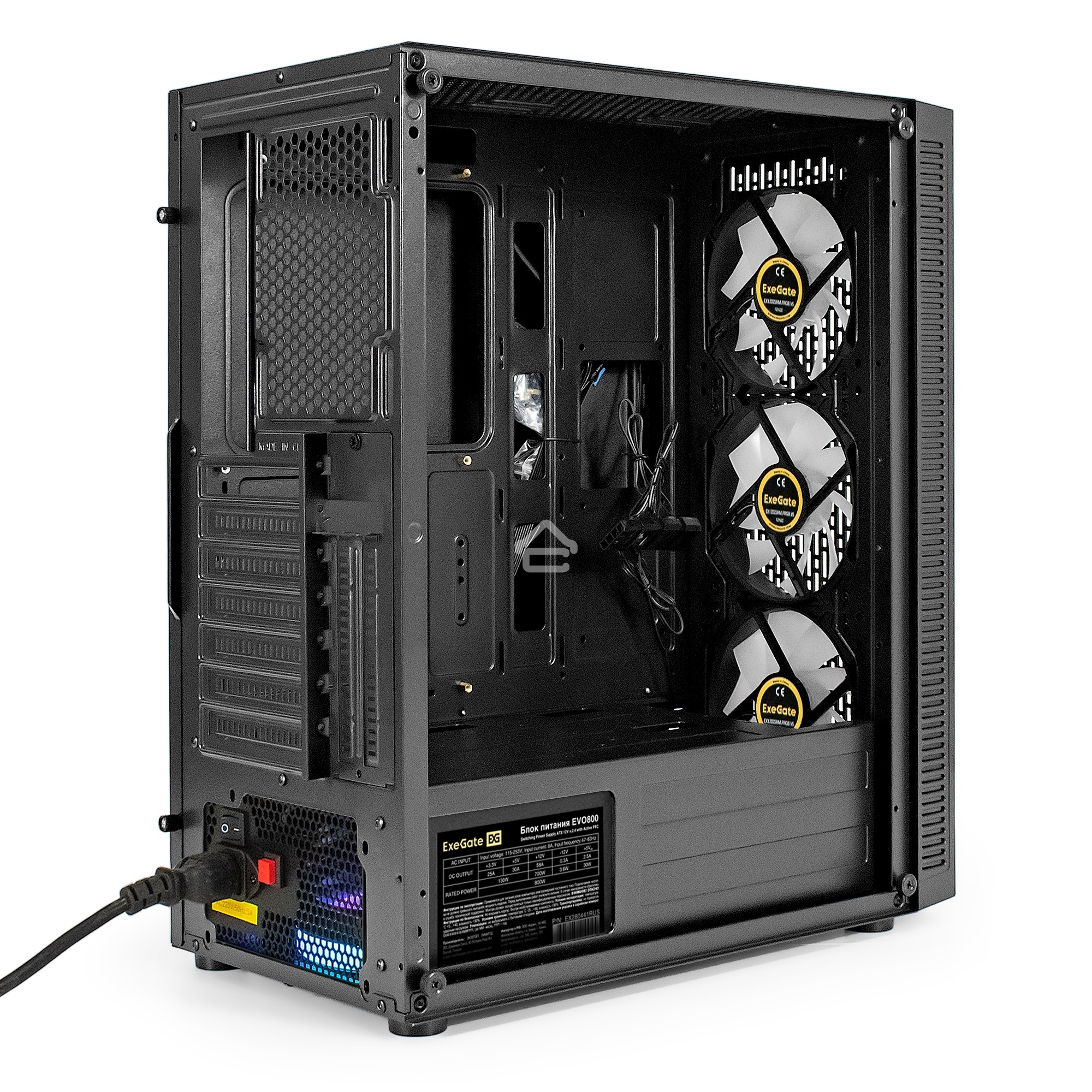 Компьютерный корпус Miditower ExeGate EVO-5001A-EVO800 (ATX, БП EVO800RGb с вент. 12 см, 2хUSB+1хUSB 3.0+HD Audio, черный, 3 вент.12см с RGb подсветкой, боковая панель - закаленное стекло)