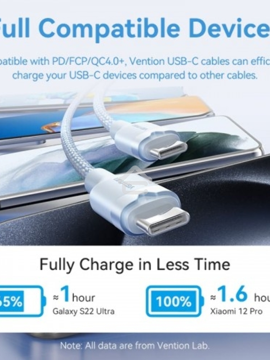 Кабель Vention USB 2.0 CM/CM - 1м. Белый 3А PD60W