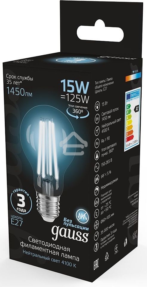 Лампа cветодиодная Gauss Filament А60 15W 1450lm 4100К Е27 LED 1/10/40