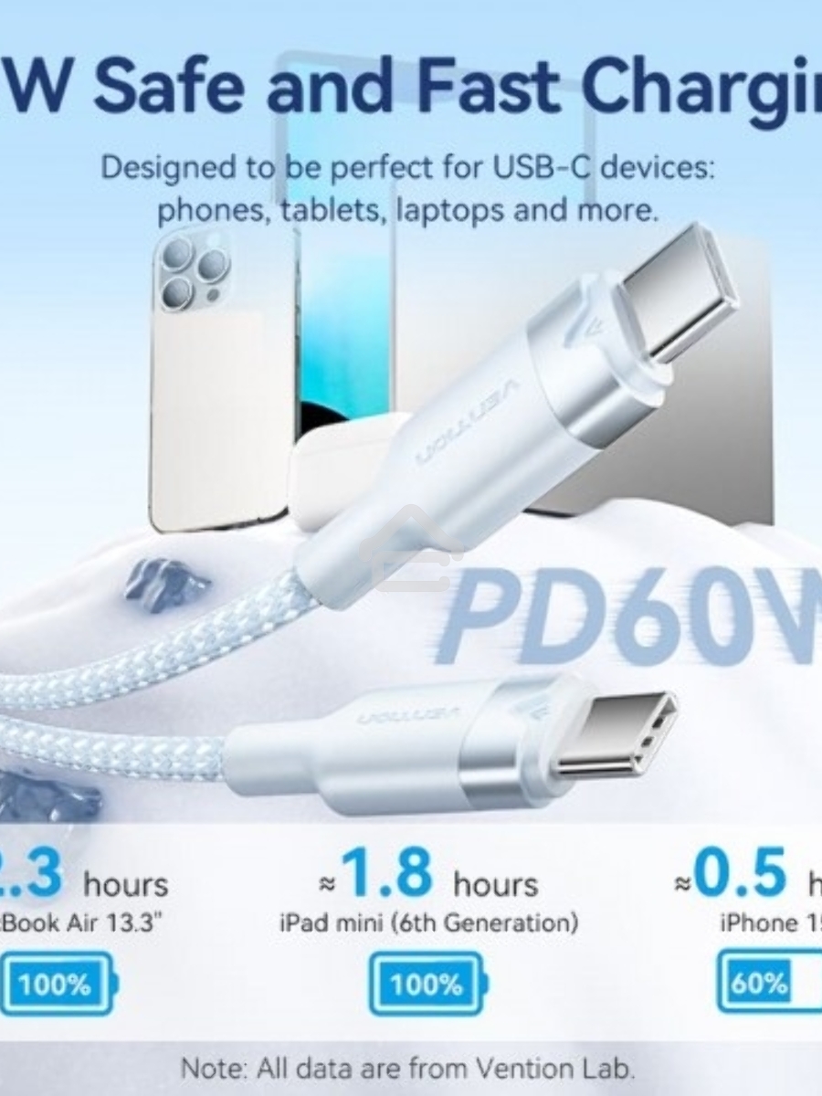 Кабель Vention USB 2.0 CM/CM - 1м. Белый 3А PD60W