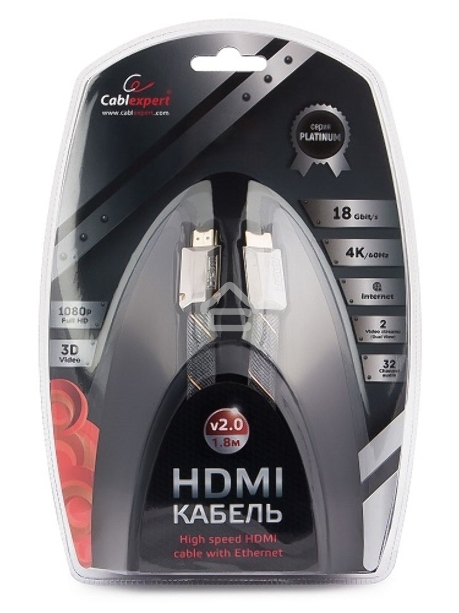 Кабель Cablexpert HDMI серия Platinum, 1,8 м, v2.0, M/M, плоский, позол.разъемы, металлический корпус, нейлоновая оплетка, блистер