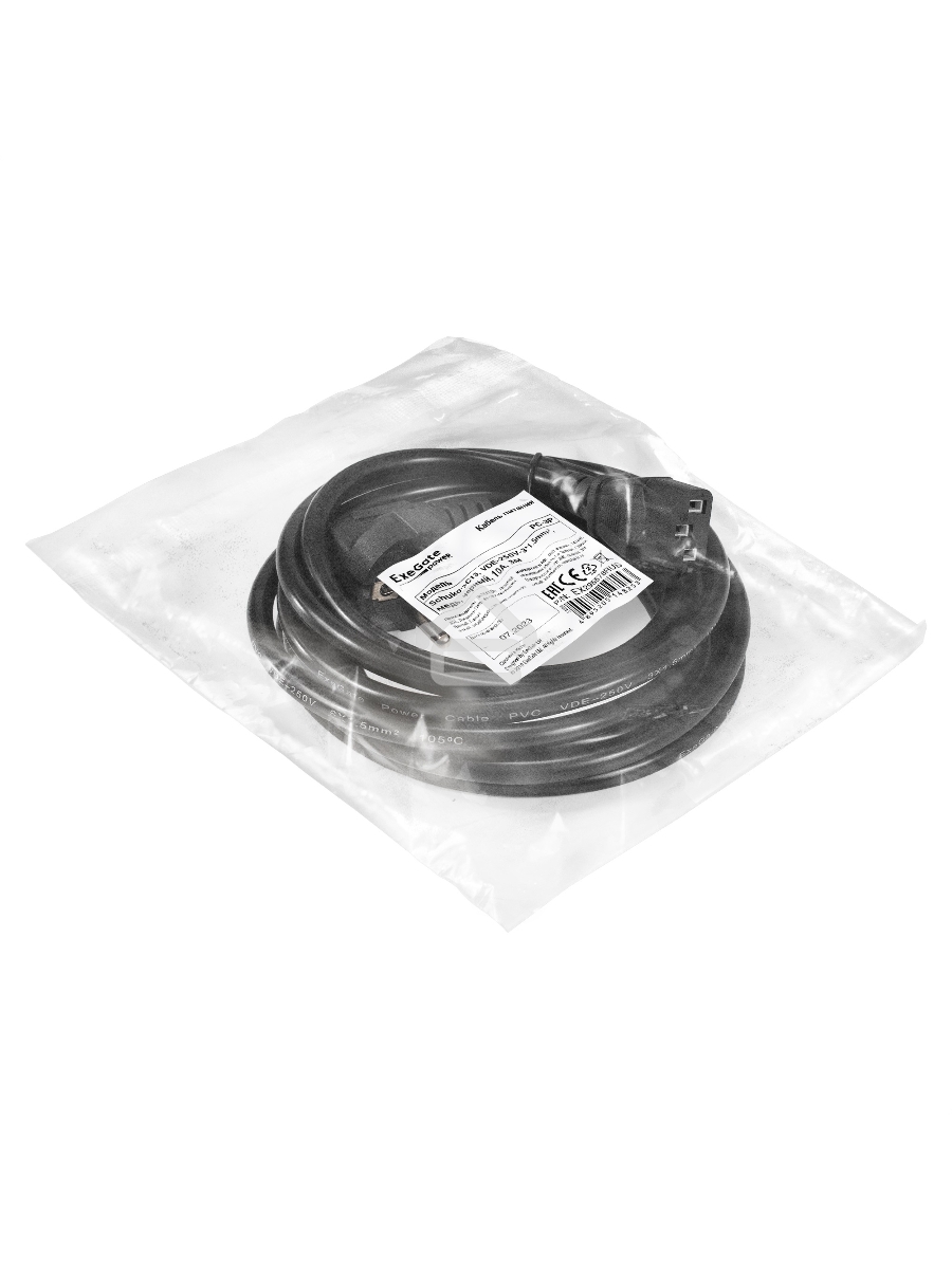 Кабель питания ExeGate Power PC-3P (Евровилка угловая Schuko->C13, VDE-250V-3*1.5mm2, медь, черный, 10A, 3м)