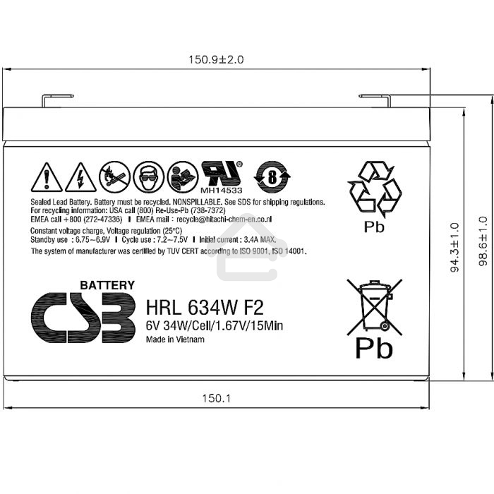 Аккумулятор 6V 9Ah CSB HRL634W (HRL634WF2FR) клеммы F2, огнеупорные