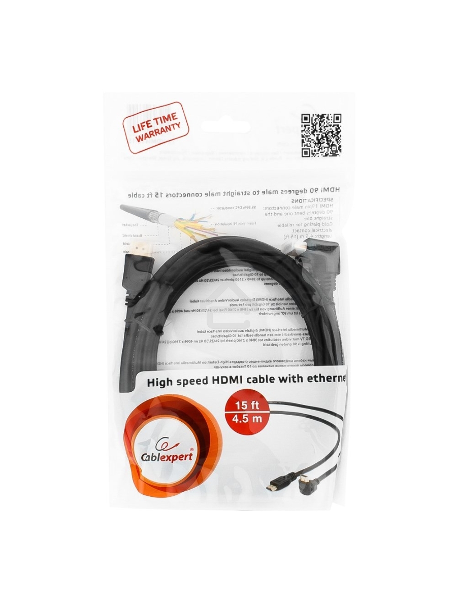 Кабель Cablexpert HDMI CC-HDMI490-15, 19M/19M, v2.0, медь, позол.разъемы, экран, угловой, 4.5м, черный, пакет