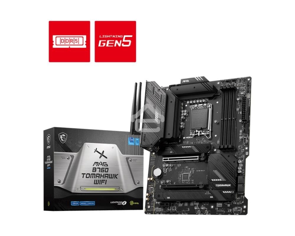 Материнская плата MSI MAG B760 TOMAHAWK WIFI, LGA 1700, Intel B760, 4xDDR5, 4xSATA, 3xM.2, 1xPCI-E 3.0 x4, 1xPCI-E 5.0 x16, 1xHDMI, 1xDP, 1xUSB Type-C, 1x2.5Gb LAN, 4xUSB-A 2.0, 4xUSB-A 3.2 Gen 2, 5x3.5 мм, 7.1, Standard-ATX