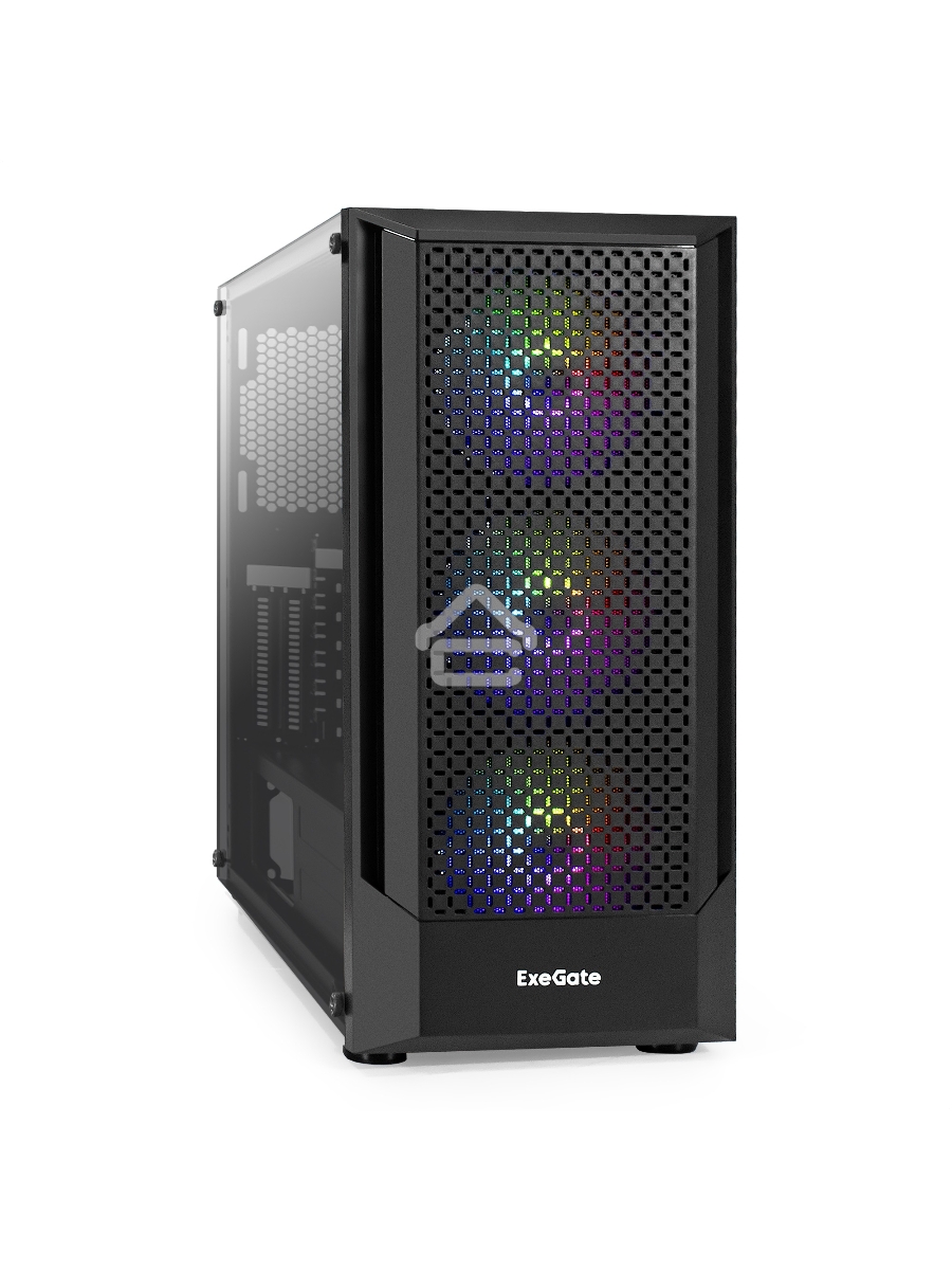 Корпус Miditower ExeGate EVO-8227 (ATX, без БП, 2*USB+1*USB3.0+HD Audio, черный, 3 вент. с RGB подсветкой, боковая панель - закаленное стекло)