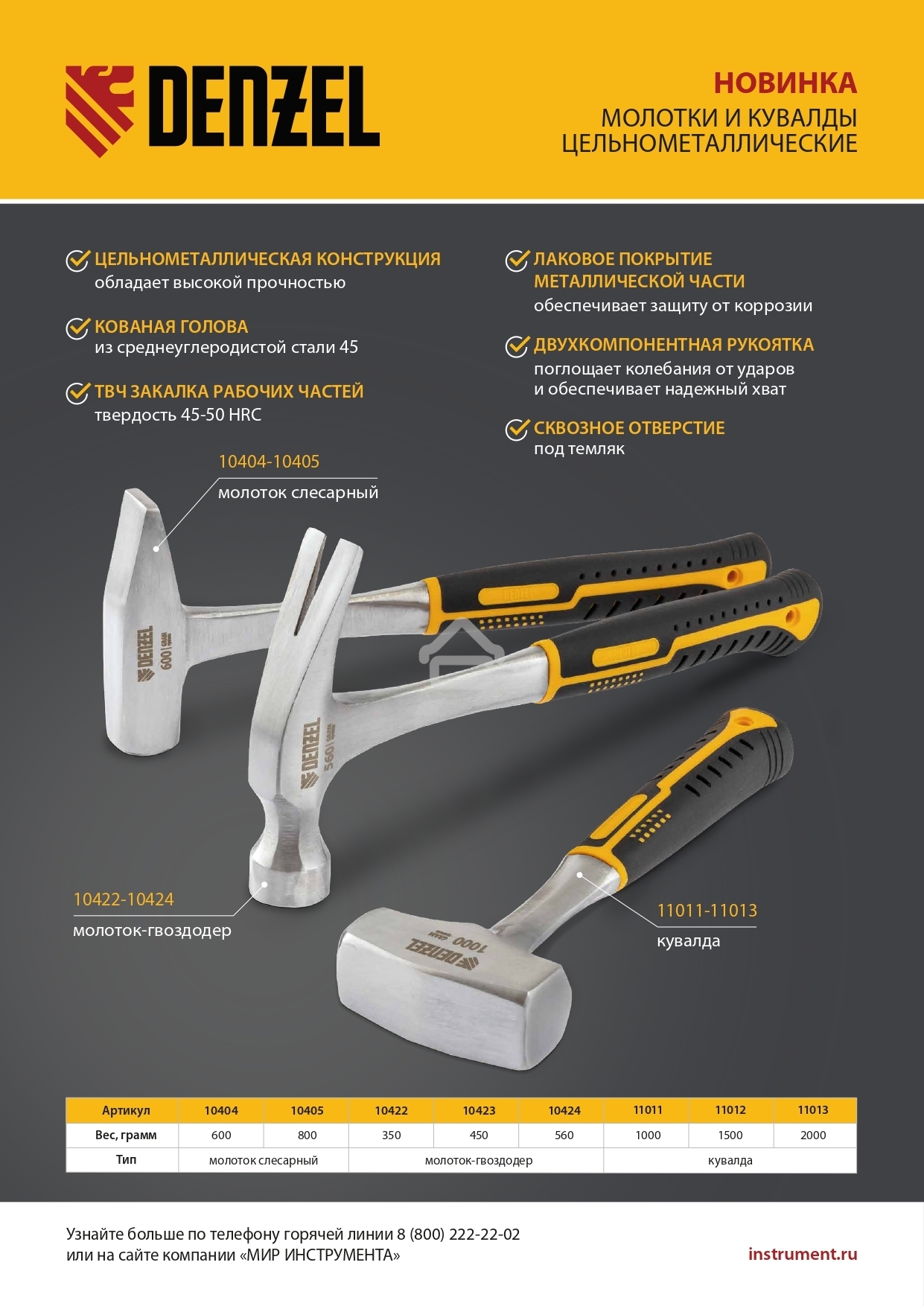 Кувалда Denzel 1 кг, цельнометаллическая, двухкомпонентная рукоятка