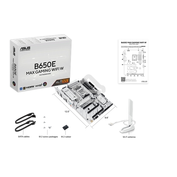 Материнская плата ASUS B650E MAX GAMING WIFI W, AM5, AMD B650, 4xDDR5, 4xSATA, 3xM.2, 1xPCIe 5.0 x16, 1xPCIe 4.0 x4, 2xPCIe 3.0 x1, 1xDP, 1xHDMI, 1x2.5Gb LAN, Wi-Fi 6E, Bluetooth 5.3, 1xUSB-C 10Gbps, 3xUSB-A 10Gbps, 2xUSB-A 5Gbps, 2xUSB-A 2.0, 3x3.5 мм, 7