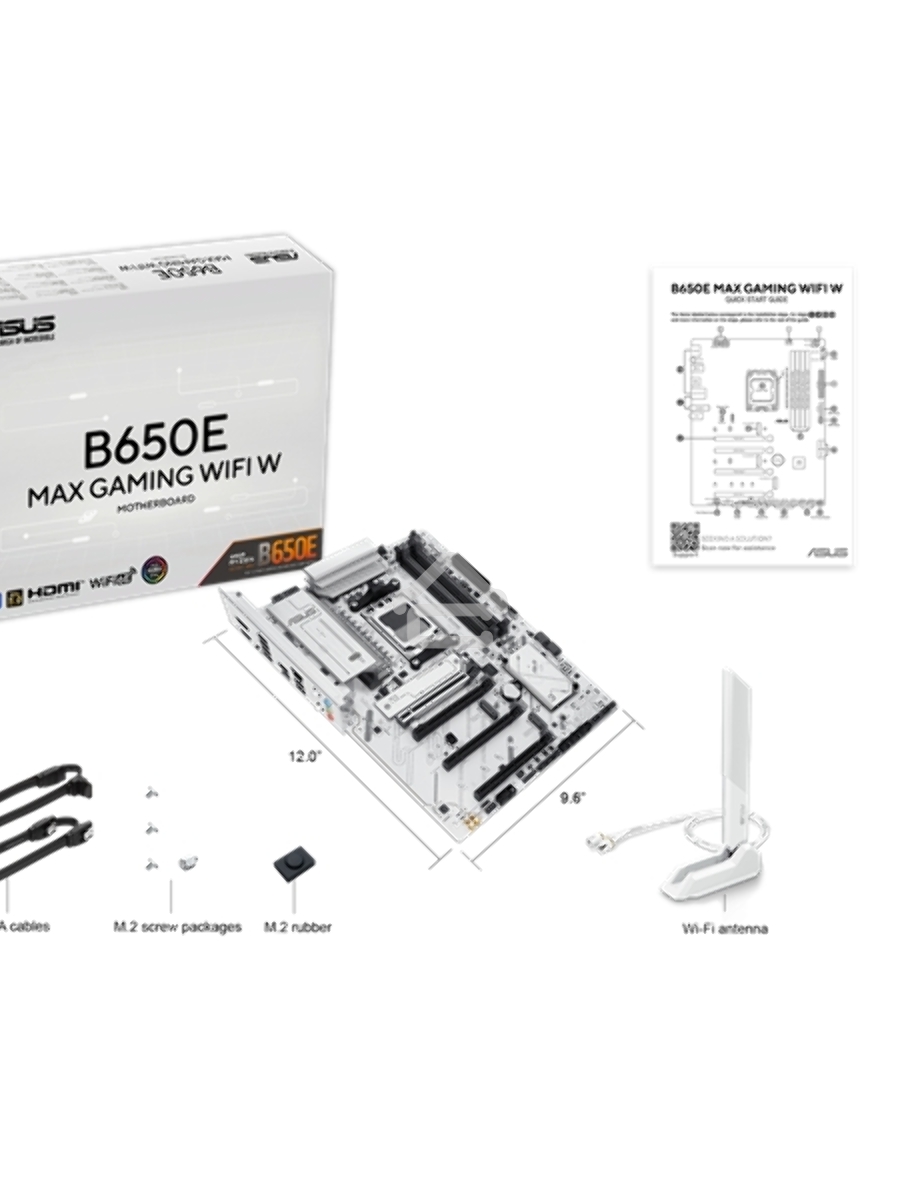 Материнская плата ASUS B650E MAX GAMING WIFI W, AM5, AMD B650, 4xDDR5, 4xSATA, 3xM.2, 1xPCIe 5.0 x16, 1xPCIe 4.0 x4, 2xPCIe 3.0 x1, 1xDP, 1xHDMI, 1x2.5Gb LAN, Wi-Fi 6E, Bluetooth 5.3, 1xUSB-C 10Gbps, 3xUSB-A 10Gbps, 2xUSB-A 5Gbps, 2xUSB-A 2.0, 3x3.5 мм, 7