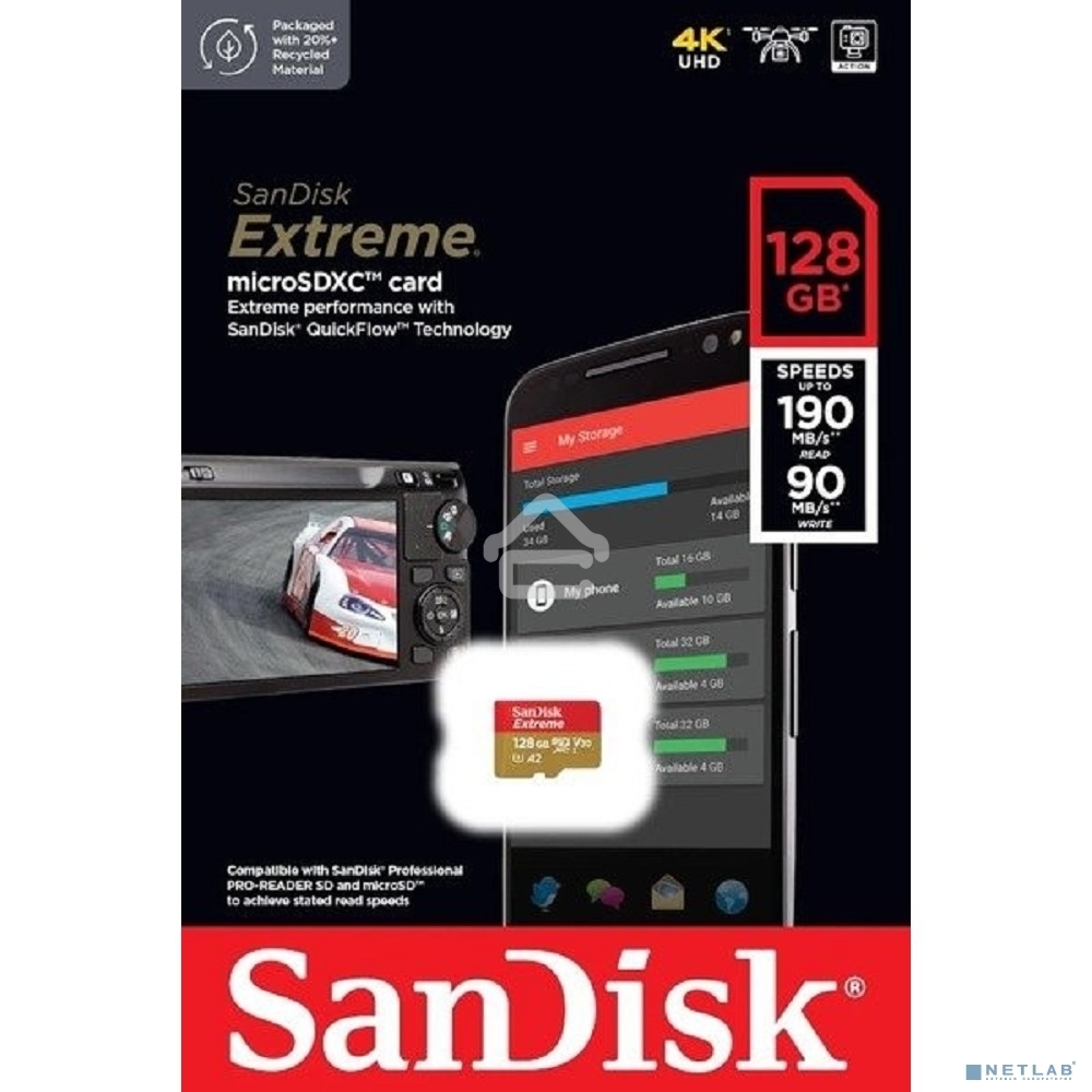 Флеш карта microSD 128Gb SanDisk microSDXC Class 10 UHS-I A2 C10 V30 U3 Extreme 190MB/s