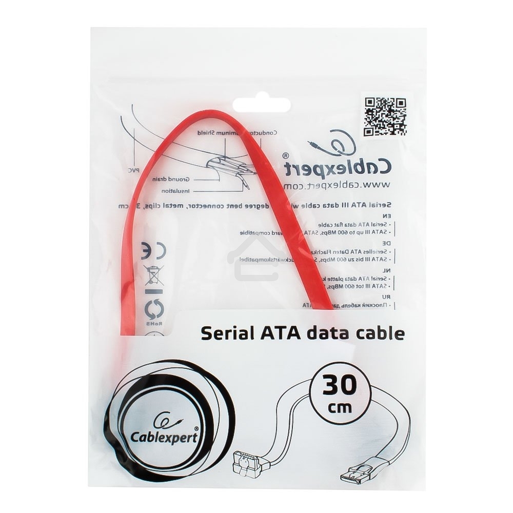 Кабель интерфейсный SATA Cablexpert CC-SATAM-DATA90-0.3M, 30 см, угловой разъем, 7pin/7pin, защелка, пакет