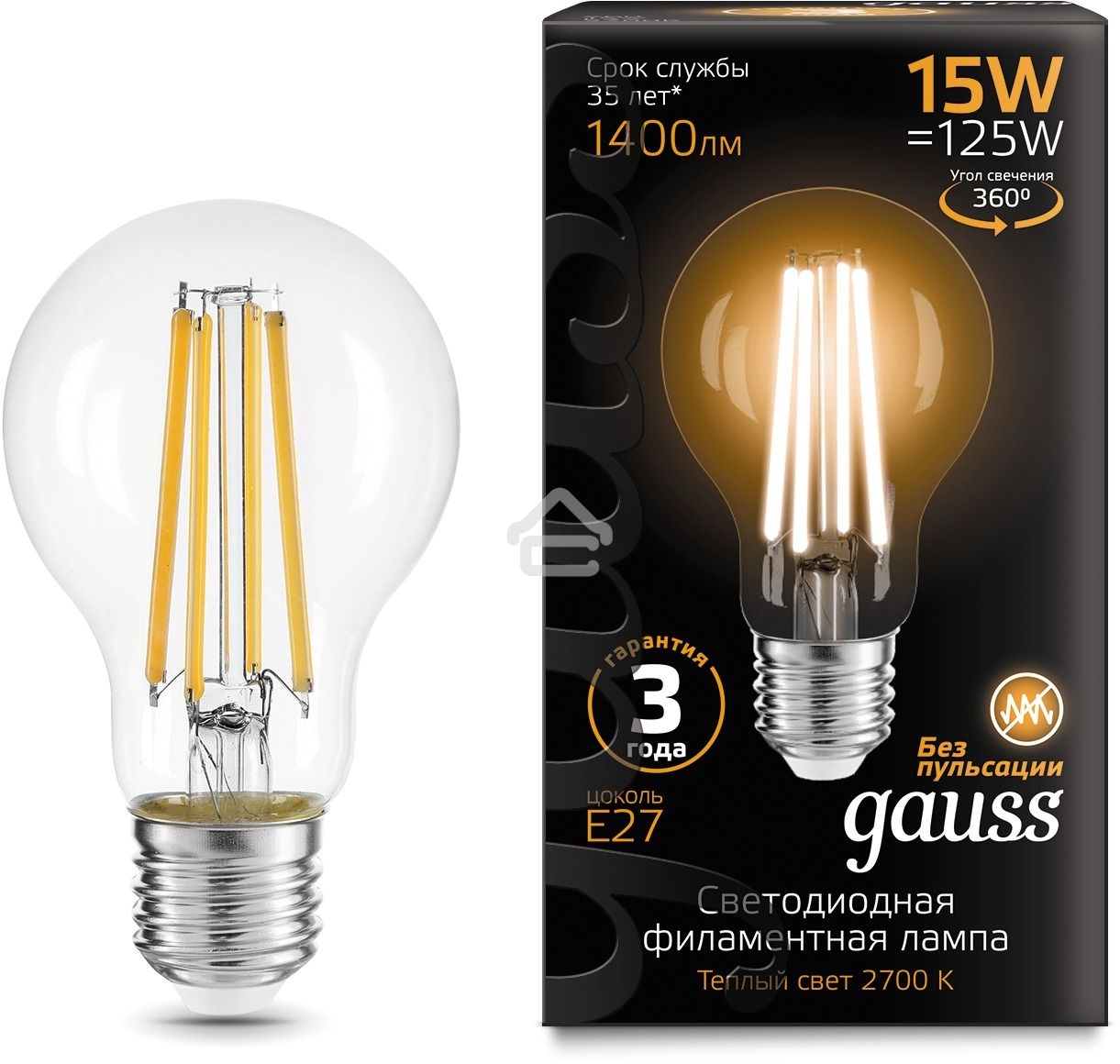 Лампа cветодиодная Gauss Filament А60 15W 1400lm 2700К Е27 LED 1/10/40