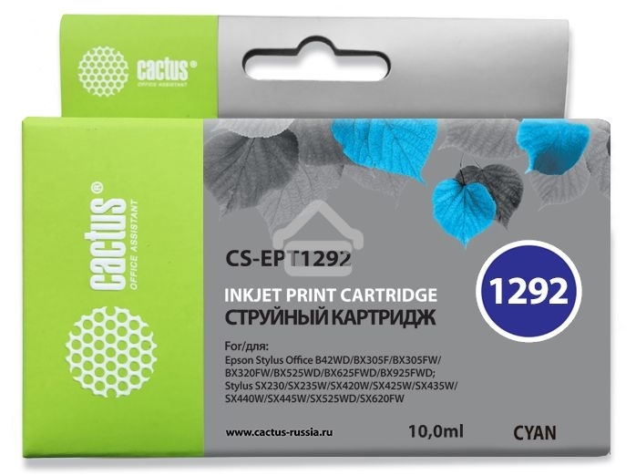 Картридж струйный Cactus CS-EPT1292 (T1292) голубой (10 мл) для Epson Stylus Office B42/BX305/BX305F/BX320/BX525/BX625/SX420/SX425