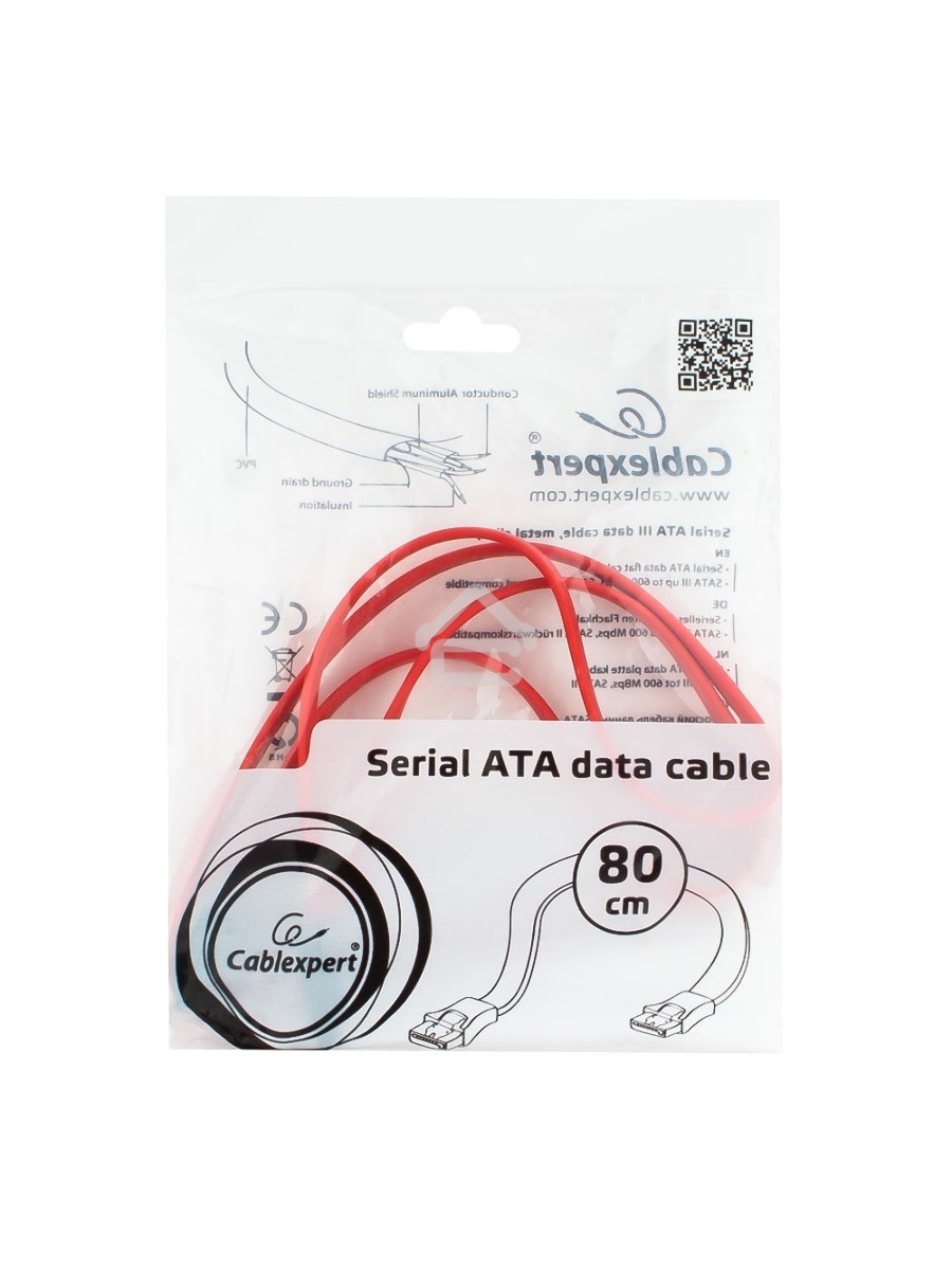 Кабель интерфейсный SATAIII Cablexpert CC-SATAM-DATA-0.8M, 80см, 7pin/7pin, защелка, пакет