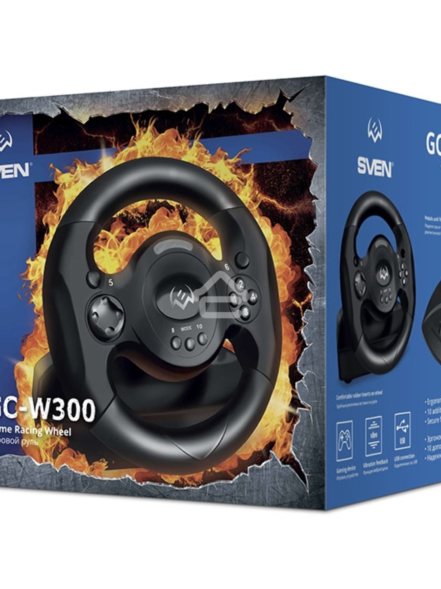 Руль SVEN GC-W300 (педали, вибро, лепестки, D-pad, 10 кл, резин. вставки, PC, цифр. и аналог.