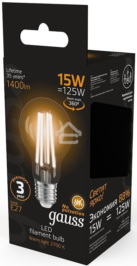 Лампа cветодиодная Gauss Filament А60 15W 1400lm 2700К Е27 LED 1/10/40