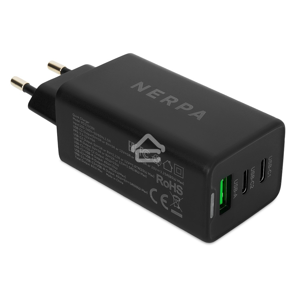 Зарядное устройство NERPA PD333CBX 65W GaN PD+QC3.0, 2xUSB-C, 1xUSB-A, USB-C - USB-C 100W cable 1.5m черный, EU plug, BOX