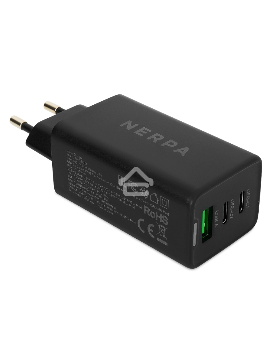 Зарядное устройство NERPA PD333CBX 65W GaN PD+QC3.0, 2xUSB-C, 1xUSB-A, USB-C - USB-C 100W cable 1.5m черный, EU plug, BOX
