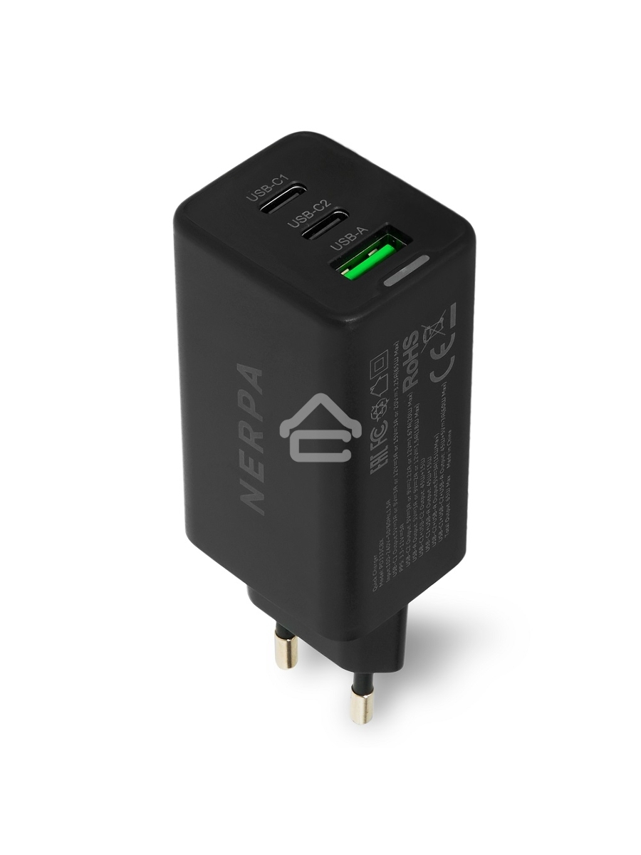 Зарядное устройство NERPA PD333CBX 65W GaN PD+QC3.0, 2xUSB-C, 1xUSB-A, USB-C - USB-C 100W cable 1.5m черный, EU plug, BOX