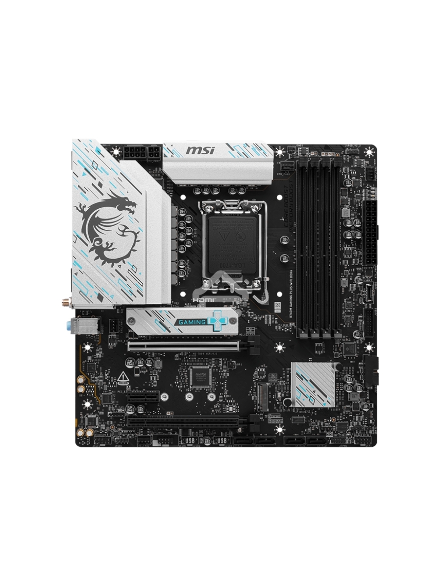 Материнская плата MSI B760M GAMING PLUS WIFI DDR4, LGA1700, Intel B760, 4xDDR4, 4xSATA, 2xM.2, 1xPCIe 4.0 x16, 1xPCIe 4.0 x4, 2xPCIe 3.0 x1, 2xDP, 2xHDMI, 1x2.5Gb LAN, Wi-Fi 6E, Bluetooth 5.3, 4xUSB-A 5Gbps, 6xUSB-A 2.0, 3x3.5 мм, 7.1, mATX