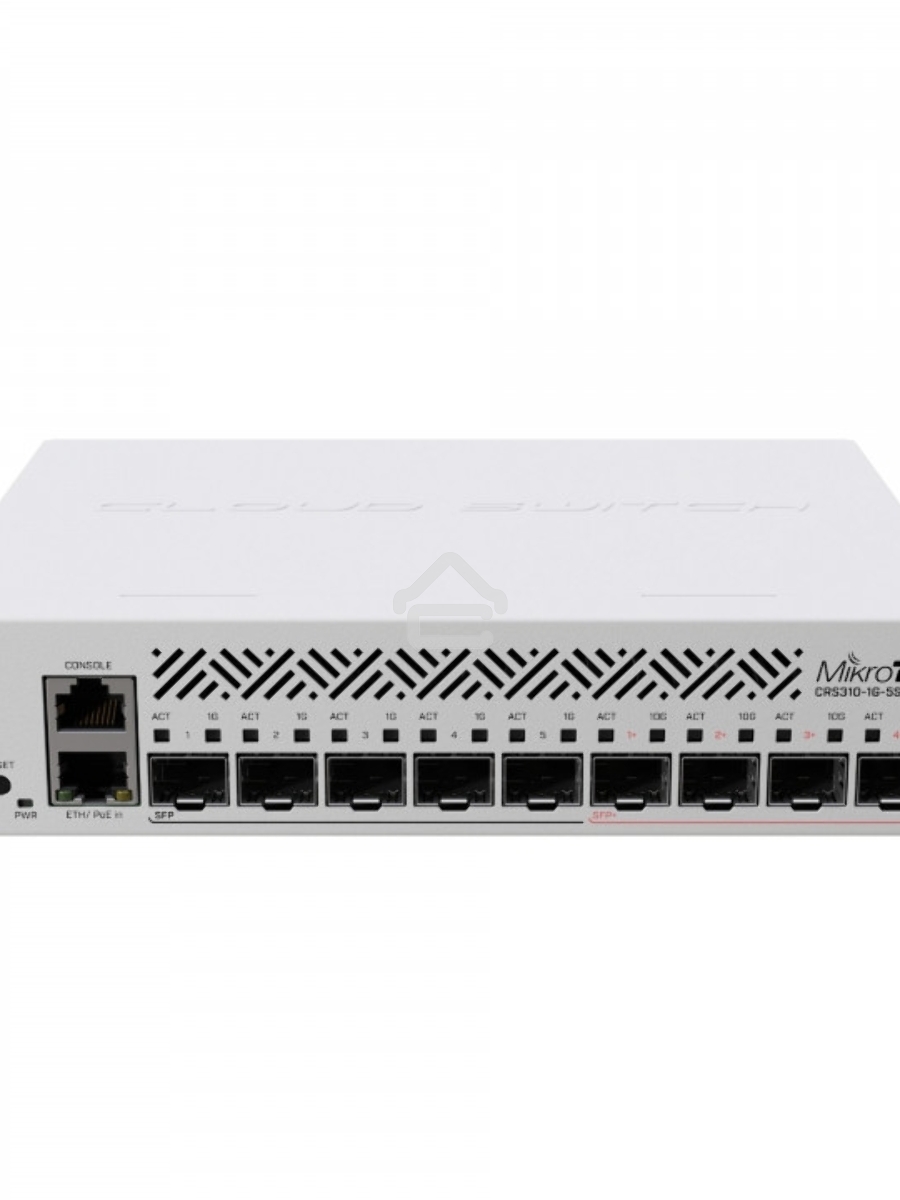 Коммутатор MikroTik Cloud Router Switch CRS310-1G-5S-4S+IN with 800 MHz CPU, 256 MB RAM, 4xSFP+, 5xSFP cages, 1xGBit LAN port, RouterOS L5, desktop case, rackmount ears, PSU