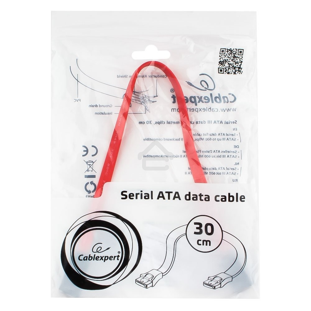 Кабель интерфейсный SATAIII Cablexpert CC-SATAM-DATA-0.3M, 30 см, 7pin/7pin, защелка, пакет