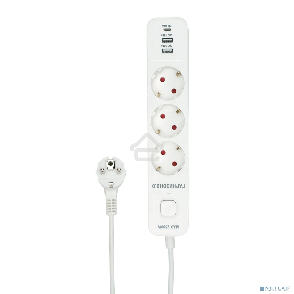 Сетевой фильтр Гарнизон EPS-3-CU2-W-2 2.0 Мультипорт 3 р, 10А, 1xType-C PD, 2 х USB QC, 2 м, ур.защиты 2+, белый, пак (21448)