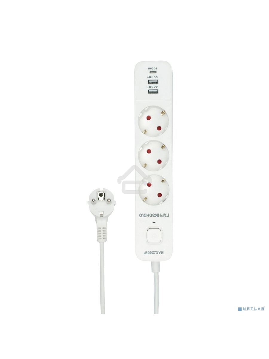 Сетевой фильтр Гарнизон EPS-3-CU2-W-2 2.0 Мультипорт 3р, 10А, 1xType-C PD, 2 х USB QC, 2м, ур.защиты 2+, белый, пак (21448)