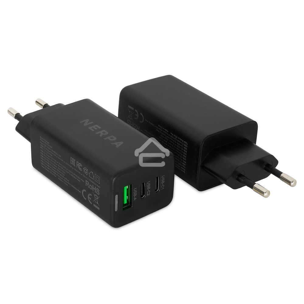 Зарядное устройство NERPA PD333CBX 65W GaN PD+QC3.0, 2xUSB-C, 1xUSB-A, USB-C - USB-C 100W cable 1.5m черный, EU plug, BOX