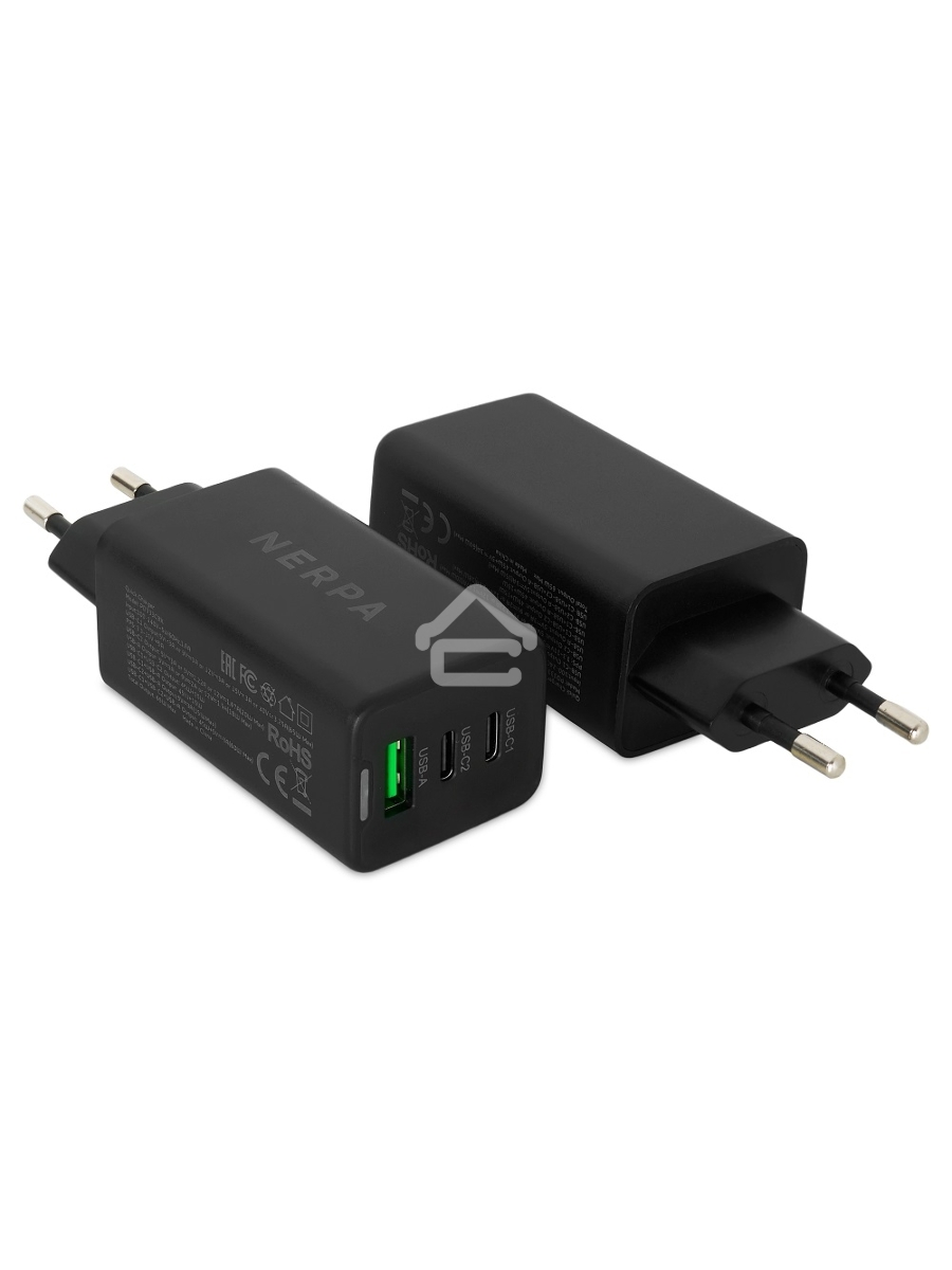 Зарядное устройство NERPA PD333CBX 65W GaN PD+QC3.0, 2xUSB-C, 1xUSB-A, USB-C - USB-C 100W cable 1.5m черный, EU plug, BOX