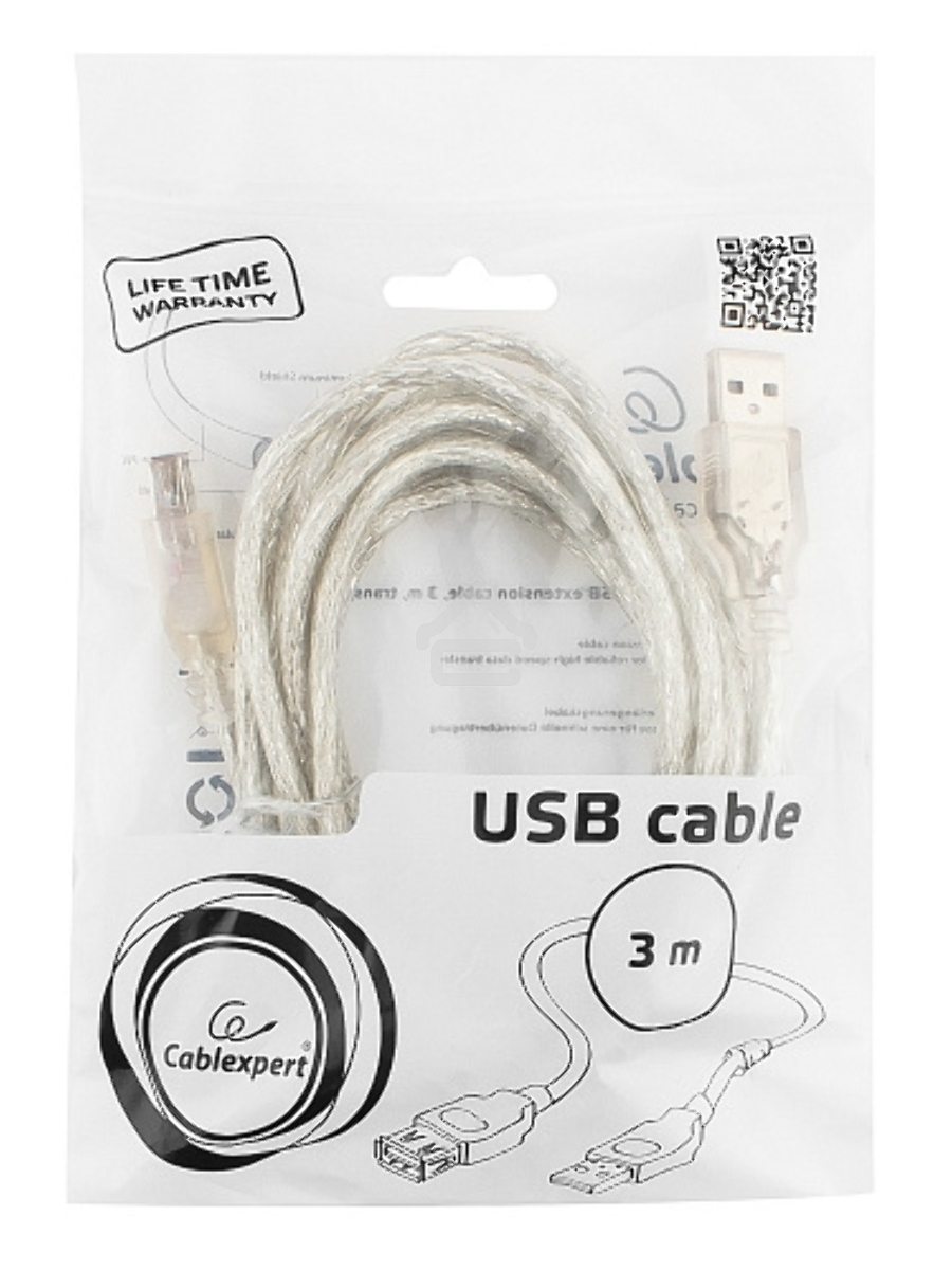 Кабель Cablexpert USB2.0 Pro, AM/AF, 3м, экран, 2 феррит.кольца, прозрачный (CCF-USB2-AMAF-TR-10)