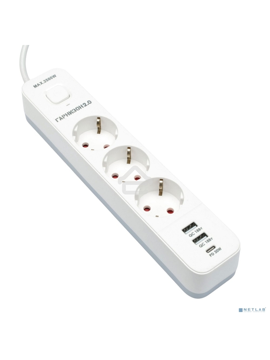 Сетевой фильтр Гарнизон EPS-3-CU2-W-2 2.0 Мультипорт 3р, 10А, 1xType-C PD, 2 х USB QC, 2м, ур.защиты 2+, белый, пак (21448)