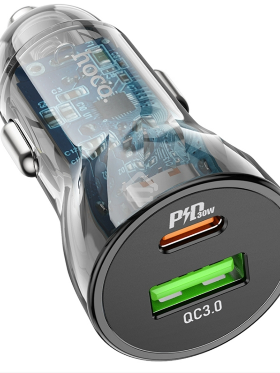 Автомобильная зарядка HOCO Z47A прозрачный 1xUSB-1xUSB-C, 3А PD30W QC3.0, черный