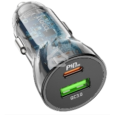 Автомобильная зарядка HOCO Z47A прозрачный 1xUSB-1xUSB-C, 3А PD30W QC3.0, черный