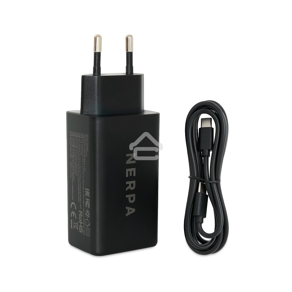 Зарядное устройство NERPA PD333CBX 65W GaN PD+QC3.0, 2xUSB-C, 1xUSB-A, USB-C - USB-C 100W cable 1.5m черный, EU plug, BOX