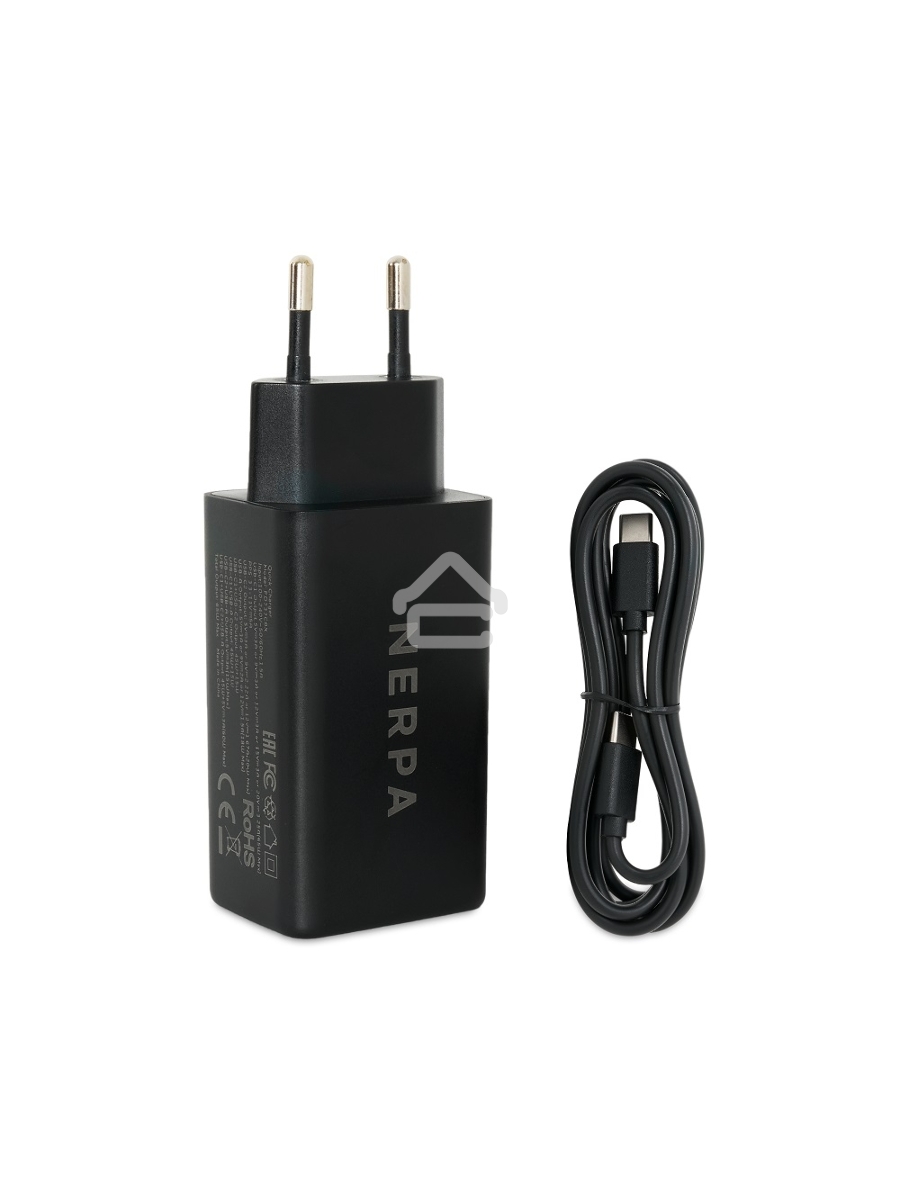 Зарядное устройство NERPA PD333CBX 65W GaN PD+QC3.0, 2xUSB-C, 1xUSB-A, USB-C - USB-C 100W cable 1.5m черный, EU plug, BOX