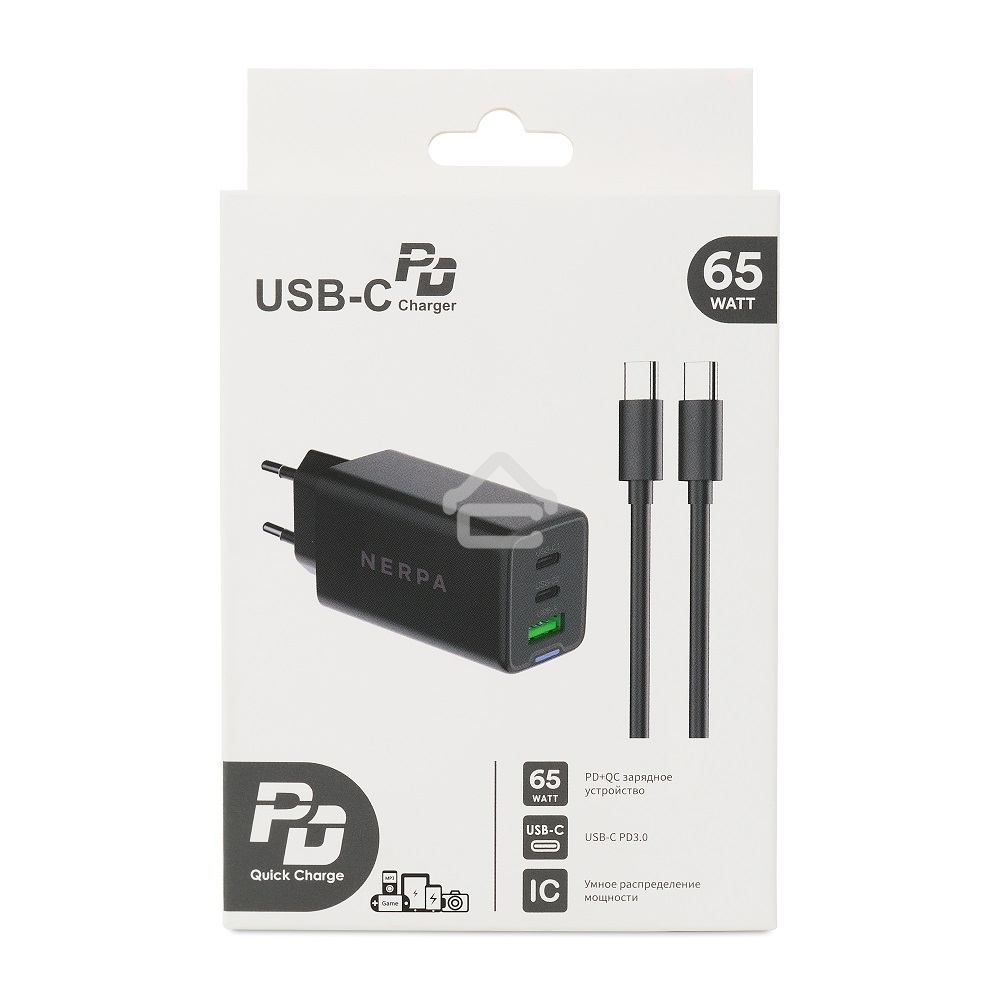 Зарядное устройство NERPA PD333CBX 65W GaN PD+QC3.0, 2xUSB-C, 1xUSB-A, USB-C - USB-C 100W cable 1.5m черный, EU plug, BOX