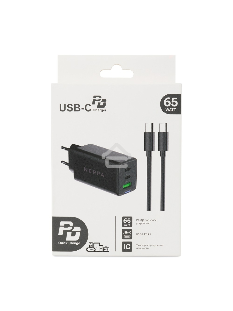 Зарядное устройство NERPA PD333CBX 65W GaN PD+QC3.0, 2xUSB-C, 1xUSB-A, USB-C - USB-C 100W cable 1.5m черный, EU plug, BOX