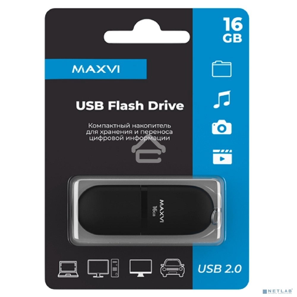 Флешка USB R/W Maxvi SF 16GB USB 2.0 black, монолит с колпачком, soft touch