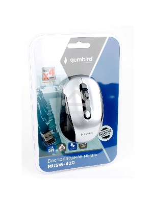 Мышь беспроводная Gembird MUSW-420-4 серебристый, 1600 dpi, радиоканал, USB, кнопки - 4