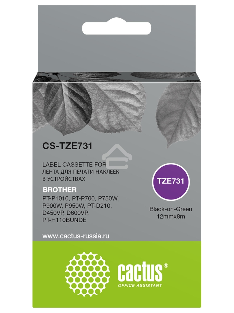 Картридж ленточный Cactus CS-TZE731 TZe-731 черный шрифт, зеленый фон (12 мм, 8 м) для Brother PT-P1010, PT-P700, P750W, P900W, P950W, PT-D210, D450VP, D600VP, PT-H110BUNDE